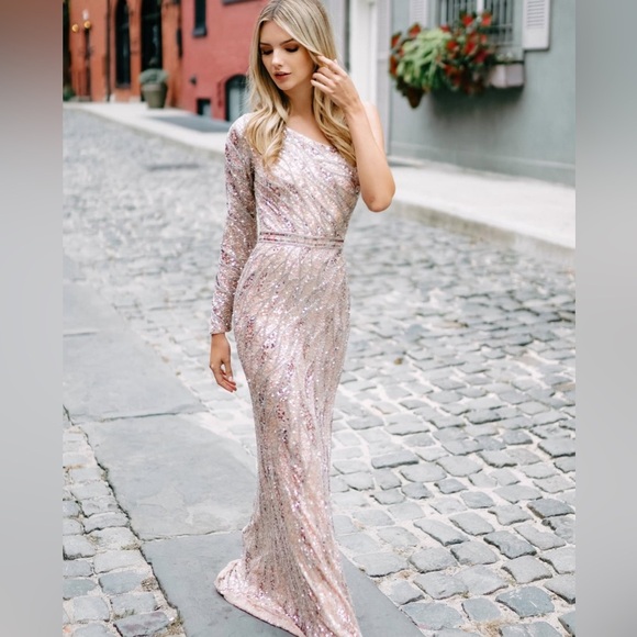 Mac Duggal 4982 EMBELLISHED ONE SLEEVE Sequin Gown Rose Gold Pink - Picture 7 of 9